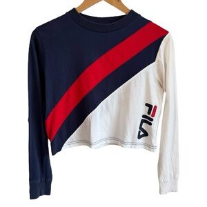 Fila Sporty Long Sleeve Cropped Top Sz XS Blue White Red Athletic Shirt Logo GUC
